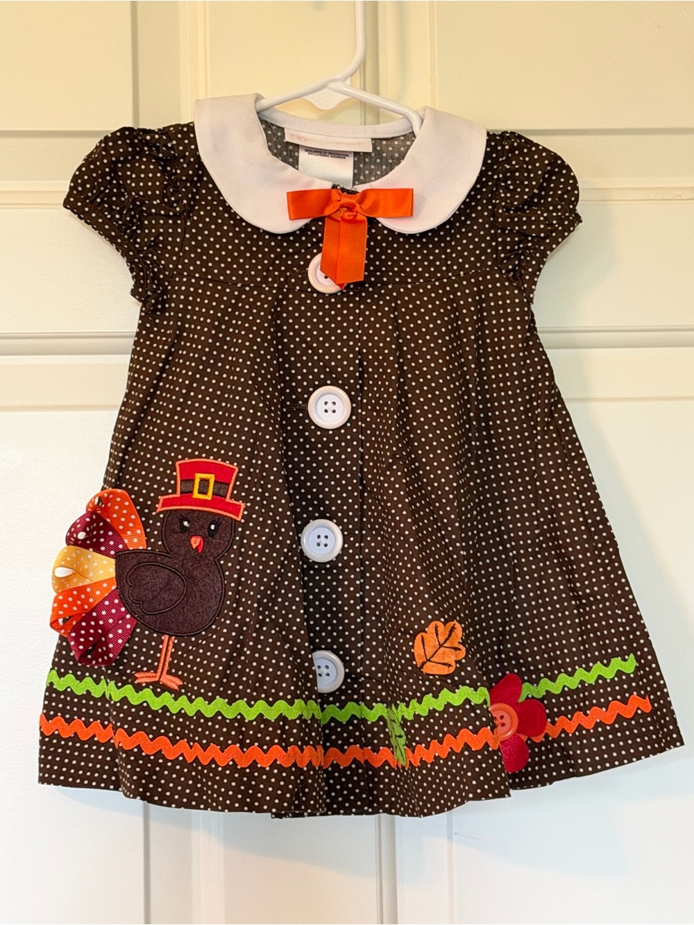 Bonnie Baby Brown Polka Dot Turkey Dress with Orange Bow